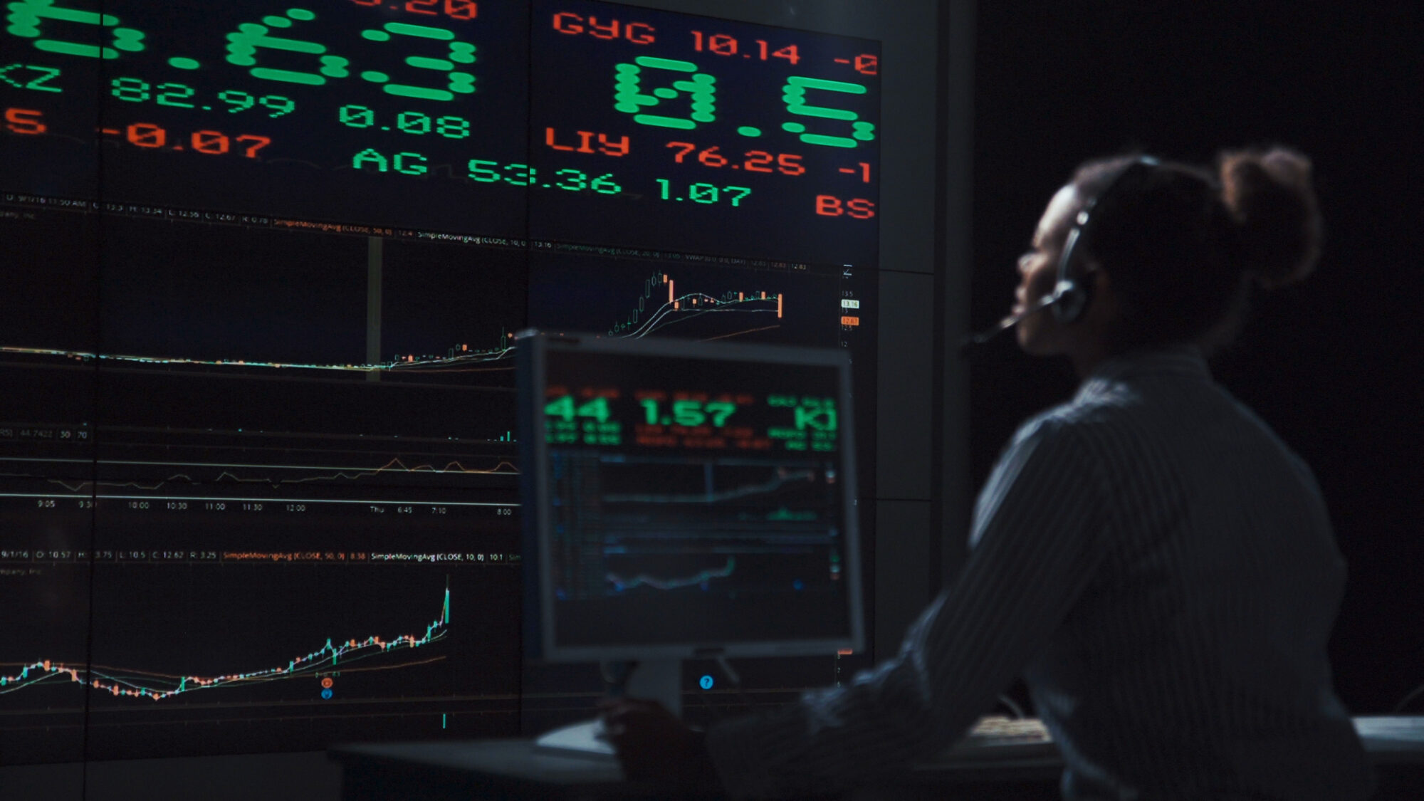 A stock broker working with a futuristic live global market display