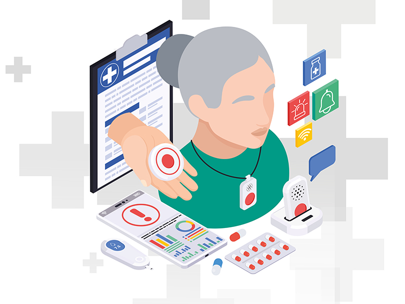 An abstract graphic showing medical personnel and equipment